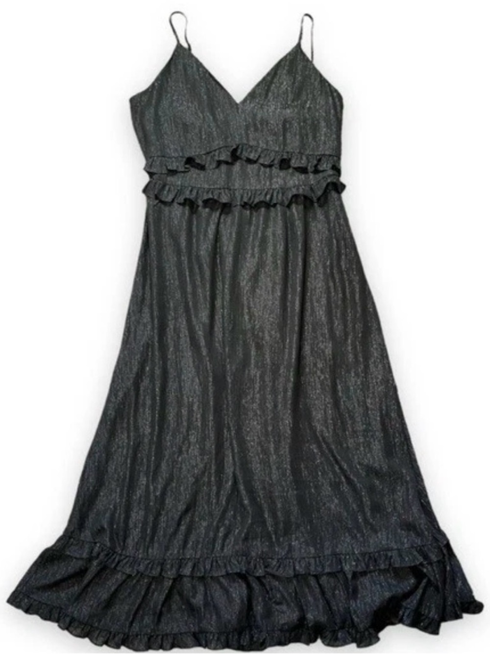 Madewell Black/Silver V-Neck Ruffles 
Maxi Dress Women’s Size: 4 - Picture 3 of 10